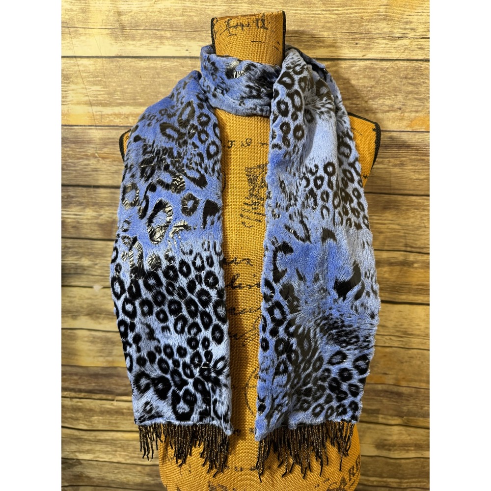 Blue Leopard Print Faux Fur Scarf with Black Beaded Fringe Animal Print Long